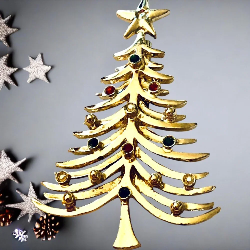 Tancer II Christmas Tree Brooch Vintage Signed Gold-tone Rhinestones